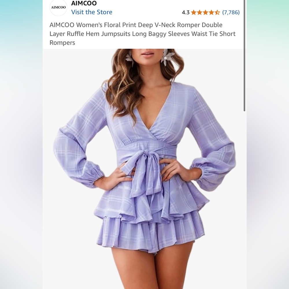 Lavender Plaid V-Neck Romper with Waist Tie